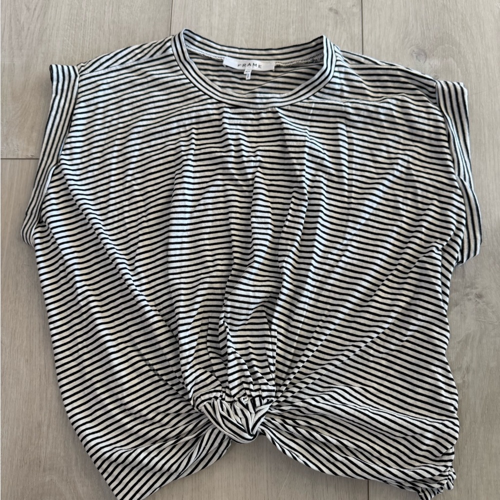 FRAME Knot Front Knit Top Sz S Black White Striped Cotton Sleeveless Muscle Tank